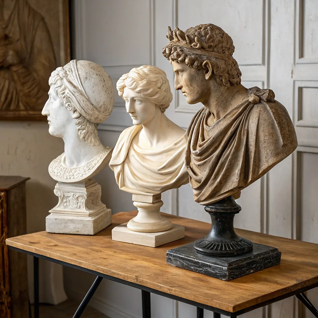 Sculpture art pieces displayed on a wooden table